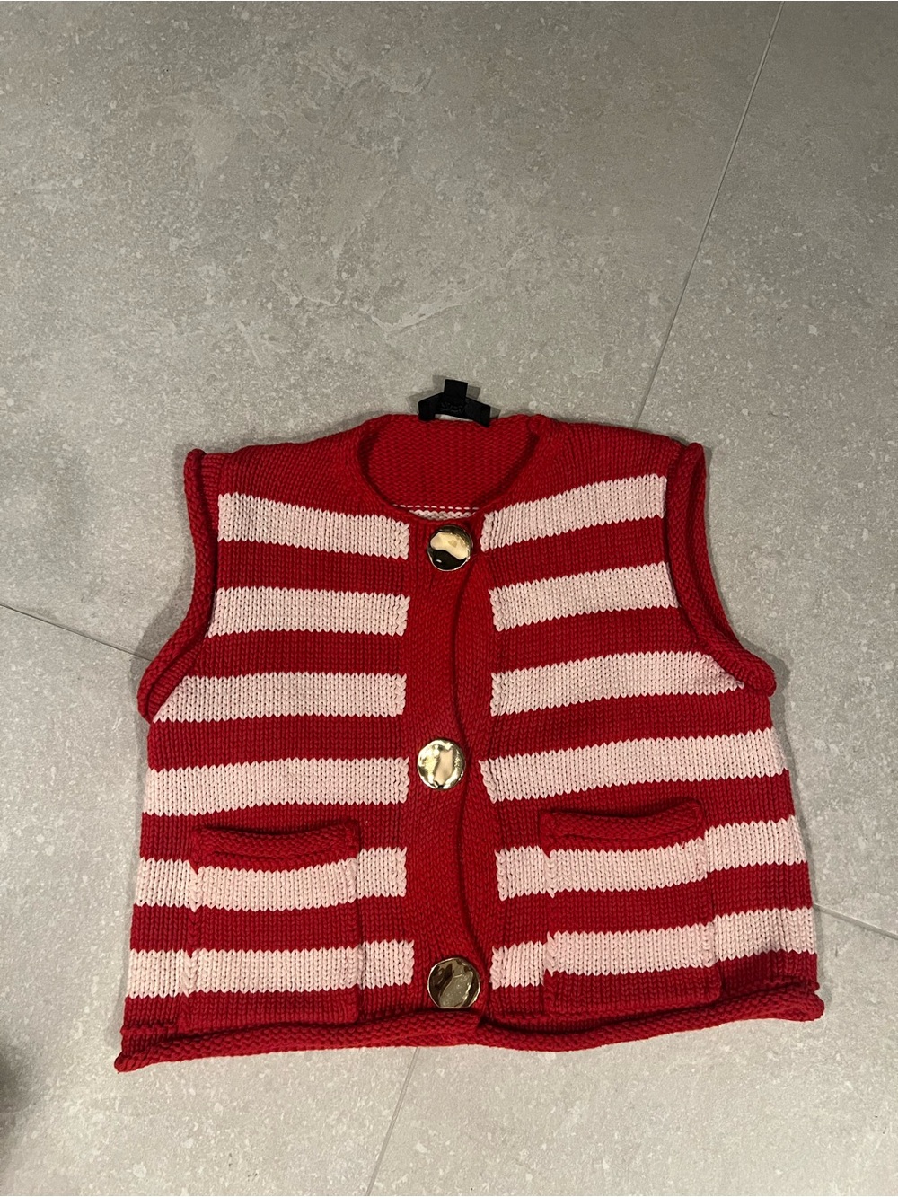 Zara Red and Cream Striped Knit Suspenders Vest with Gold Buttons